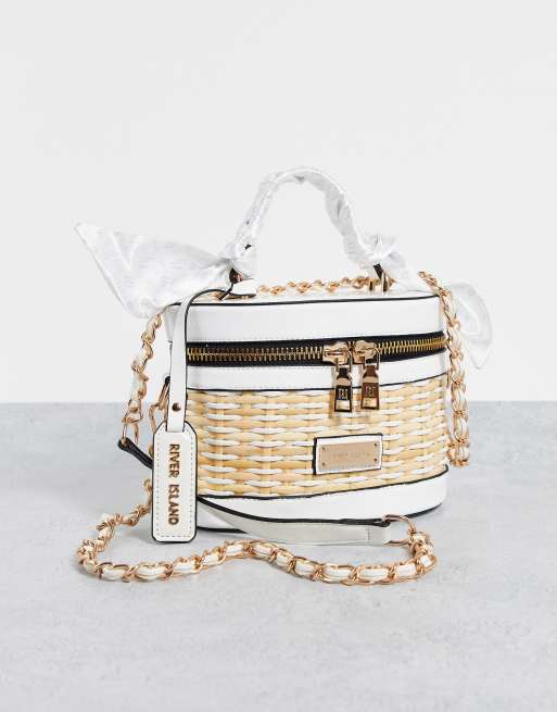 River Island - Wicker - Borsa per make-up in vimini, colore bianco