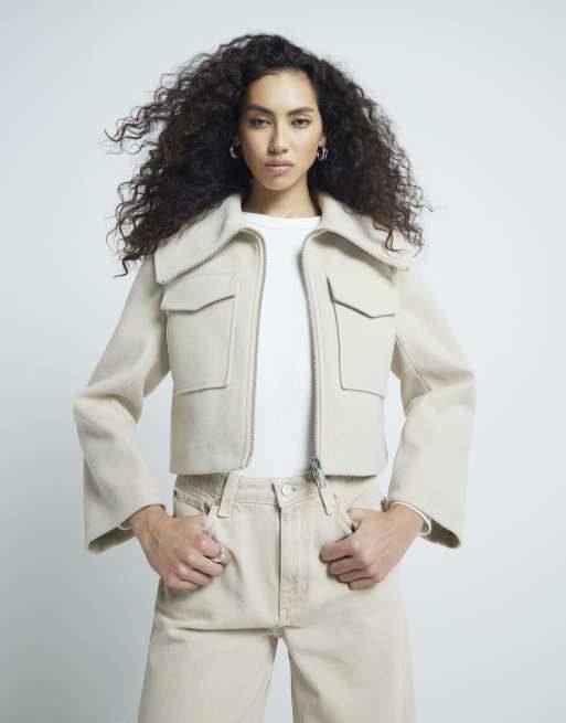 River Island Wide collar crop jacket in beige - light