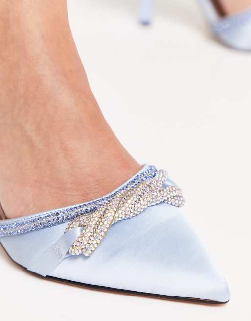 River Island Wide Fit bling bow heeled court shoe in blue