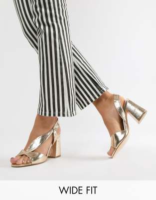 gold mules block heel