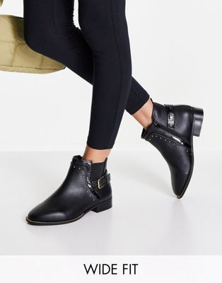 River Island Wide Fit buckle strap flat chelsea boot in black
