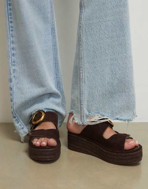 River Island Wide fit buckle strap wedge sandals in brown - dark - view 1