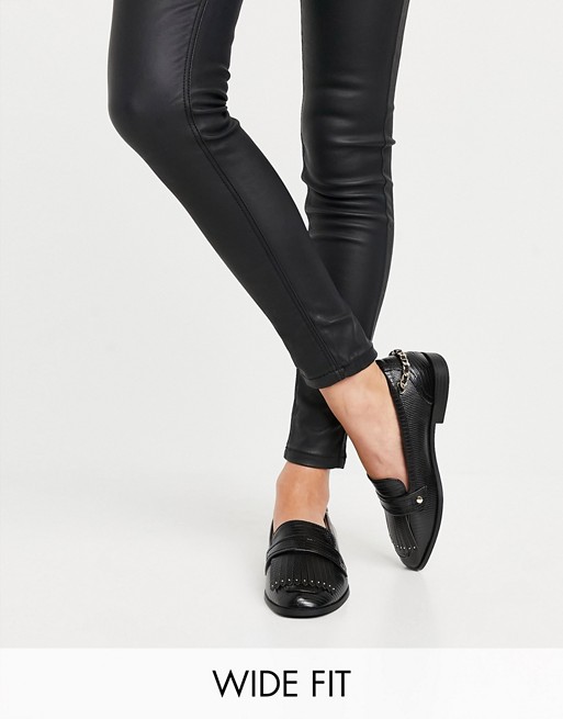 River Island Wide Fit chain detail fringed loafer in black