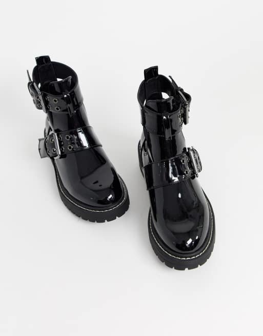 Black patent cut out side hot sale chunky boots