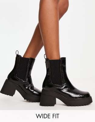 River Island Wide Fit chunky heeled chelsea boot in black