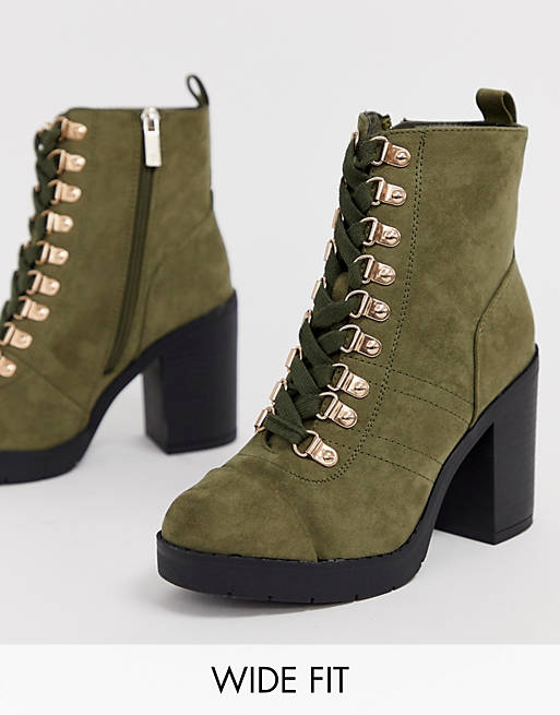 River Island Wide Fit chunky lace up heeled boots in khaki