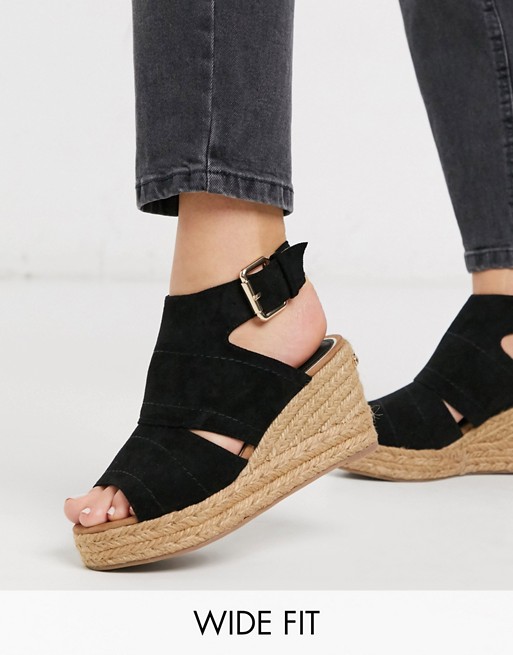 River Island Wide Fit cut out wedge heeled espadrille sandal in black