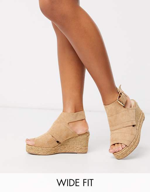 River Island Wide Fit cut out wedge heeled sandal in beige | ASOS