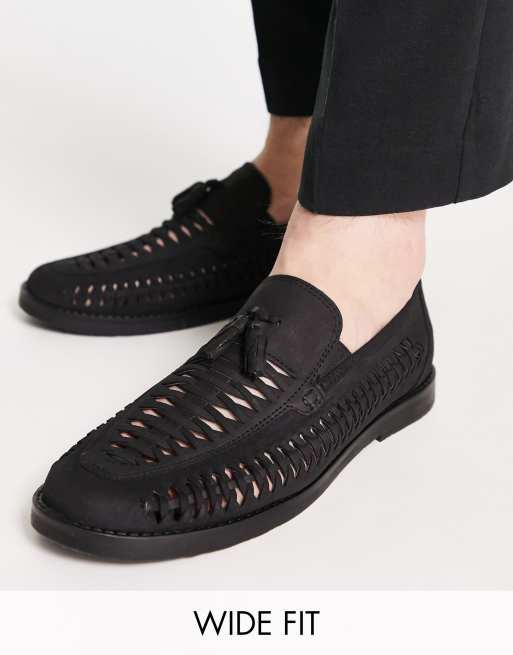 River Island Wide Fit – Czarne plecione loafersy z frędzlami