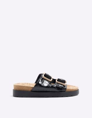 River Island Wide fit double buckle sandal in black | ASOS