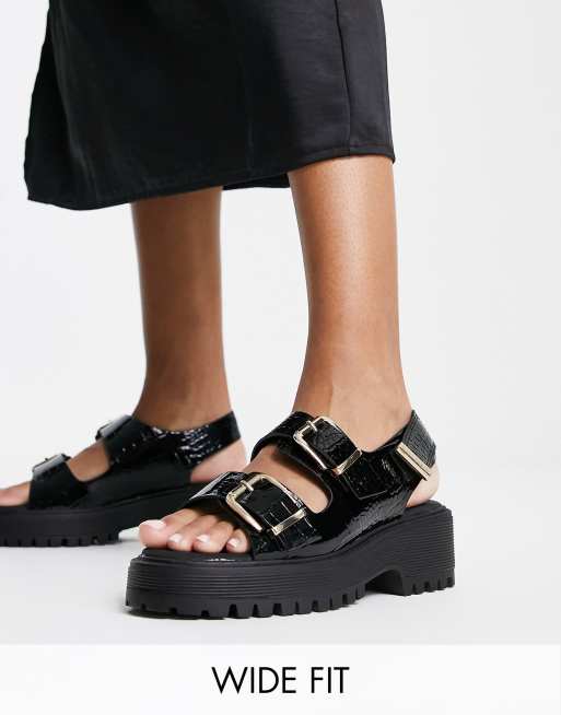 River Island Wide Fit double buckle sling back flat sandal in black | ASOS