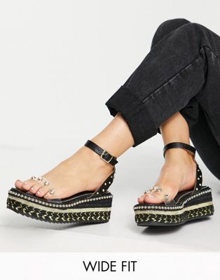 River Island Wide Fit embellished flatform espadrille sandals in black - ASOS Price Checker