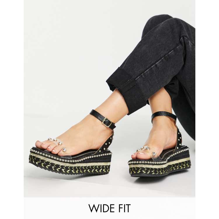 River Island Wide Fit embellished flatform espadrille sandals in black