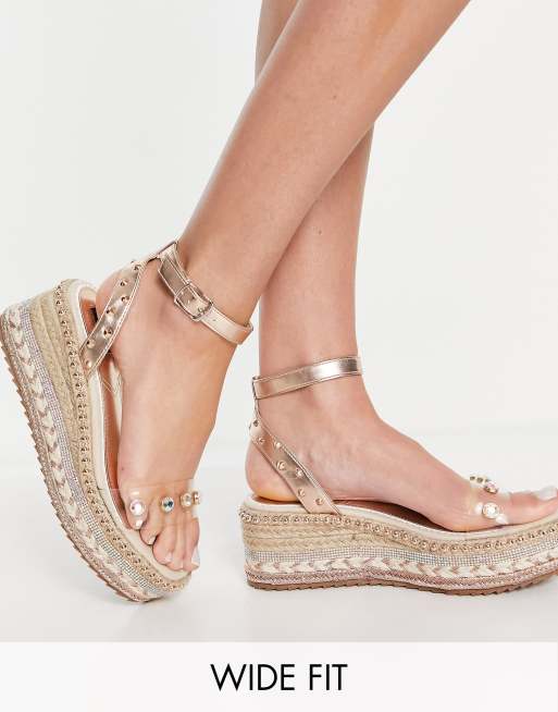 River Island Wide Fit embellished flatform espadrille sandals in rose gold