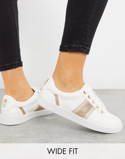 River Island Wide Fit gold side stripe trainer in white