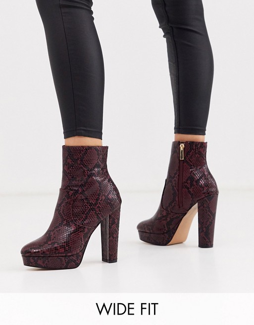 River Island Wide Fit heeled boots in burgundy snake
