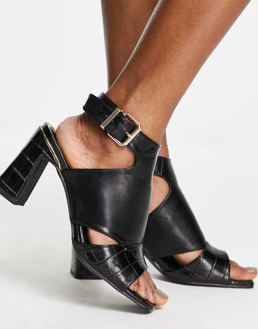 River Island Wide Fit heeled square toe sandal in black ASOS