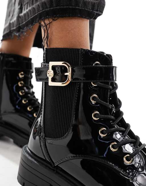 River Island wide fit lace up boot with gold buckle in black ASOS