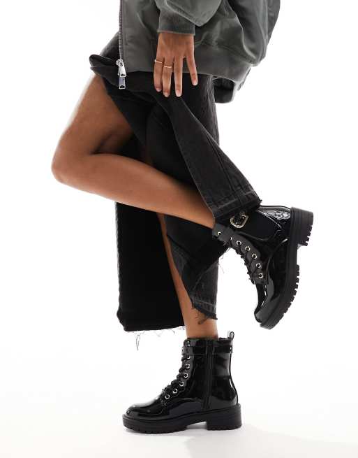River Island Wide Fit lace up boots with gold buckle in black | ASOS