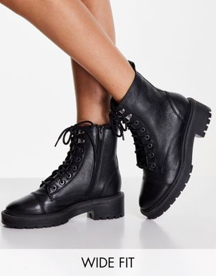 River Island Wide Fit leather lace up classic military boot in black