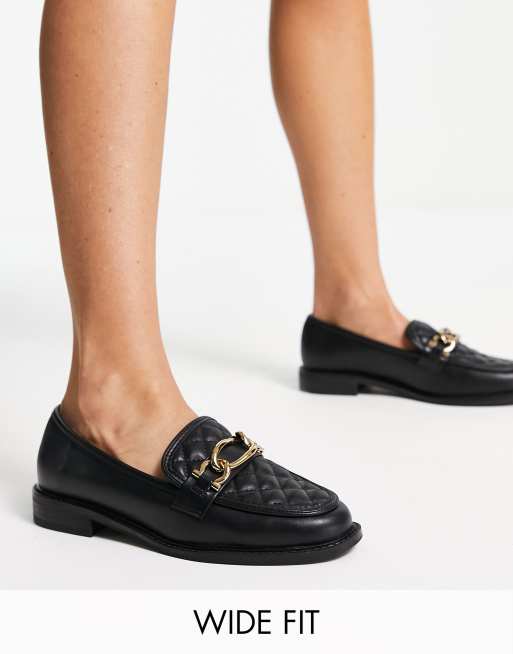River Island Wide Fit - Mocassins matelassés à détail chaîne - Noir