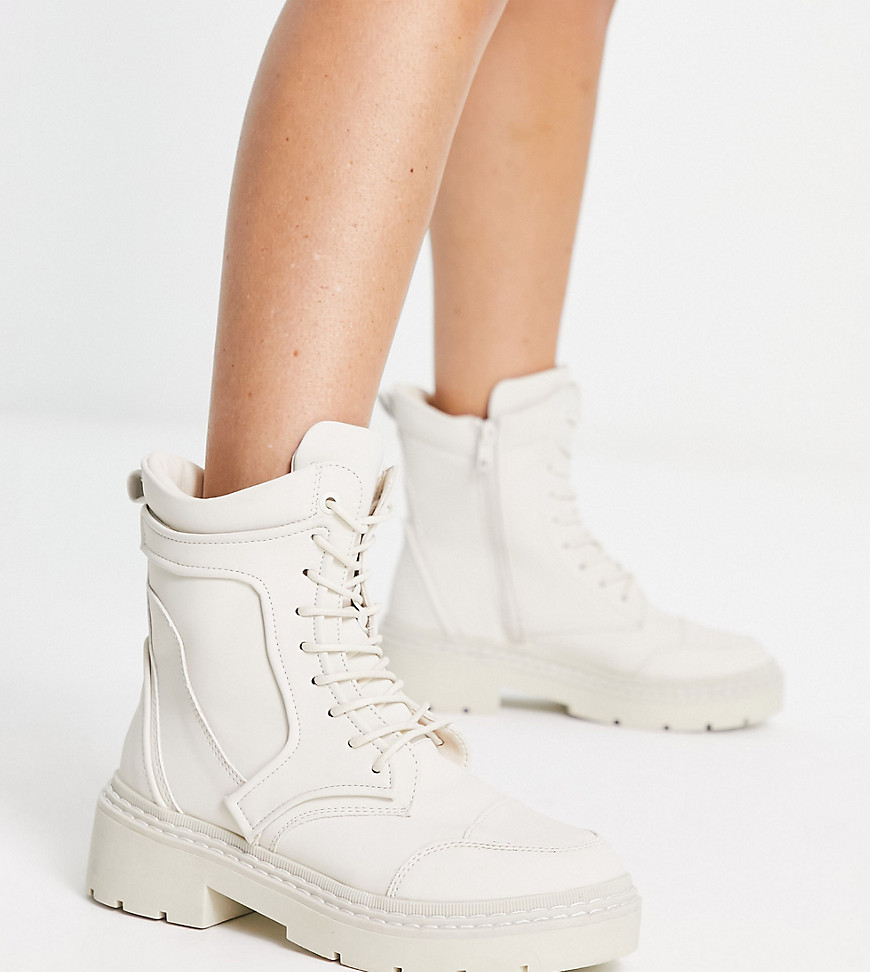 River Island Wide Fit padded biker boot in cream-White