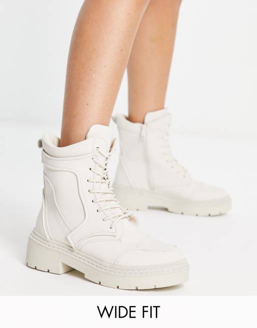 River Island Wide Fit padded biker boots in cream
