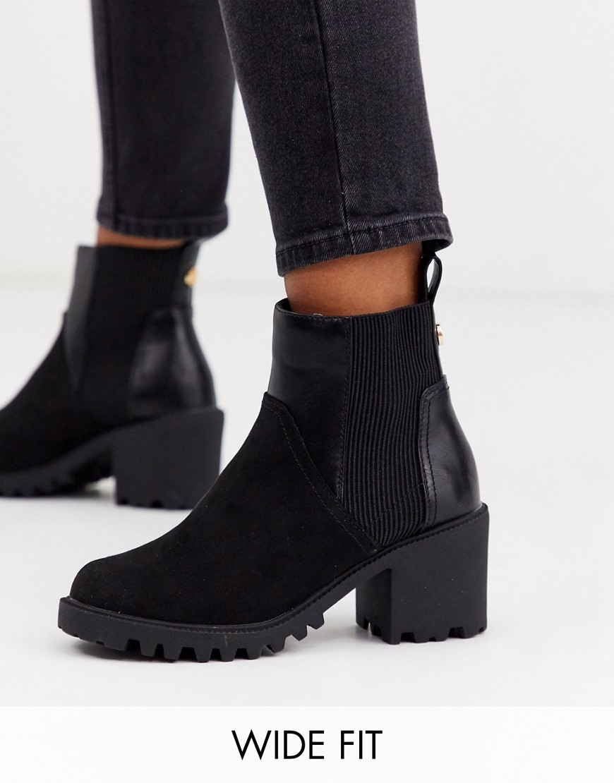 River Island Wide Fit panelled chunky heeled boot in black