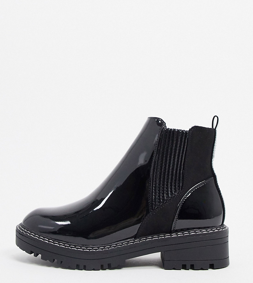 River Island Wide Fit patent chunky chelsea boot in black