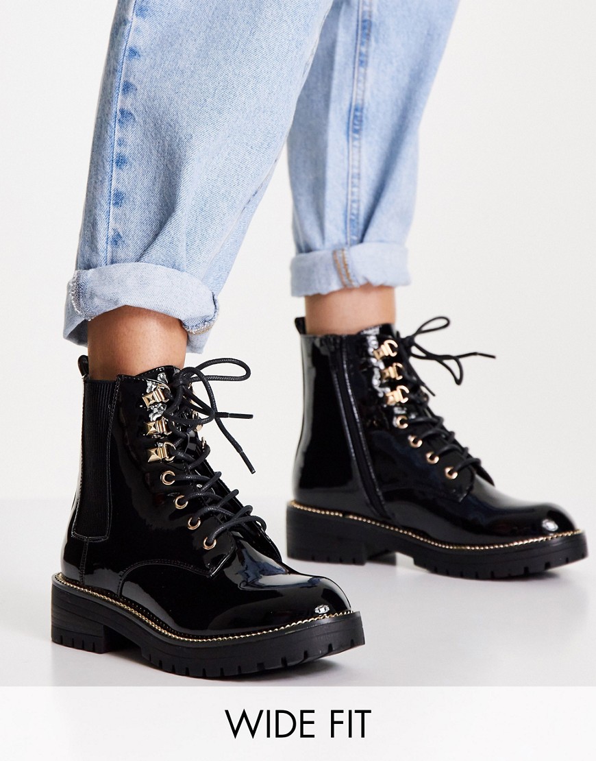 River Island Wide Fit patent chunky lace up boot in black