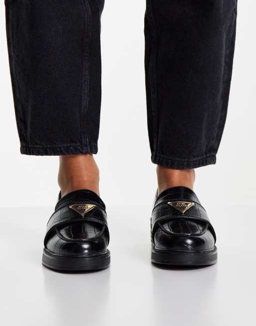 river island branded chunky croc loafer shoe in black