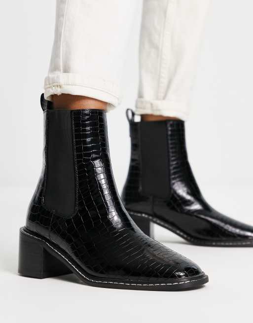 Island Wide Fit patent heeled chelsea boots black croc effect |