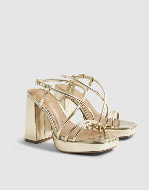River Island Wide fit platform heeled sandals in gold - view 1