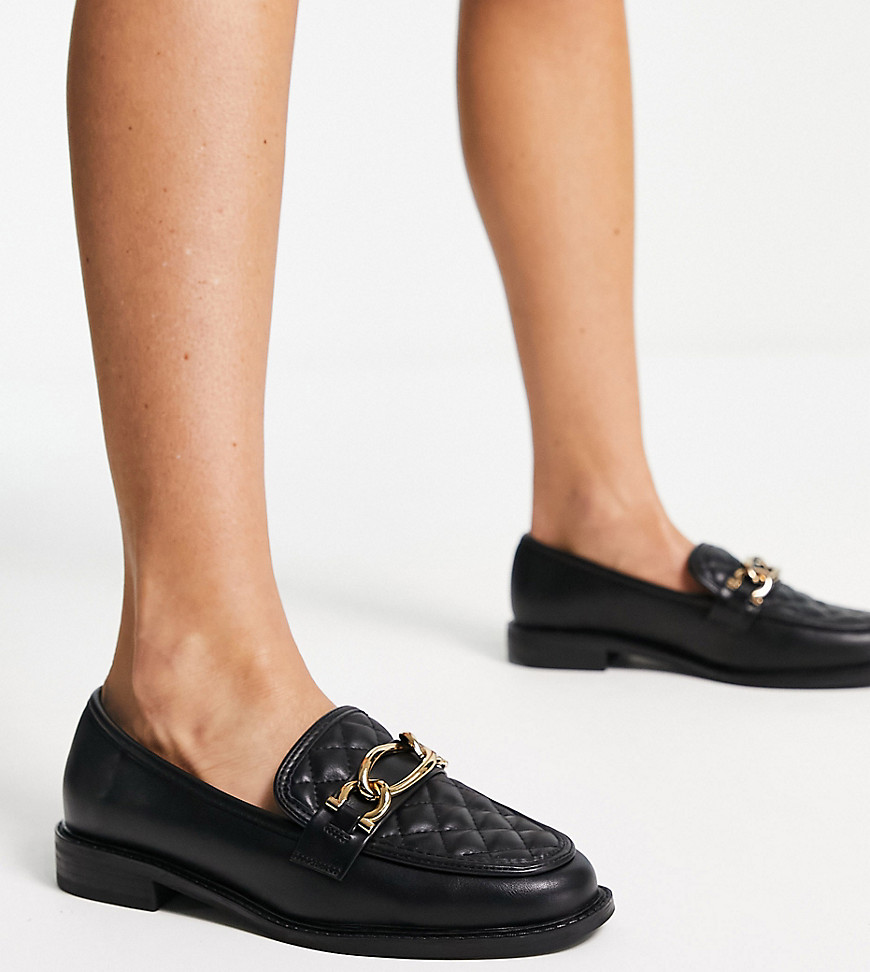 River Island Wide Fit quilted chain detail loafer in black