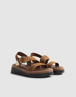  Wide fit ring buckle flatform sandals in tan