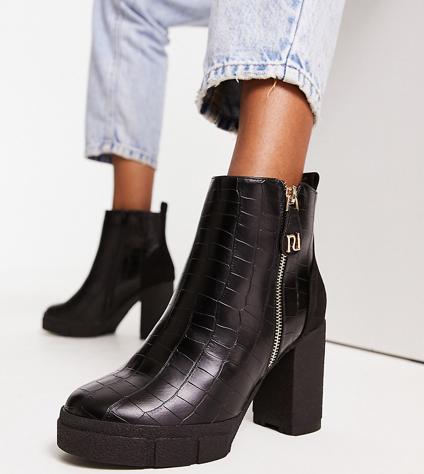 River Island Wide Fit side zip croc effect ankle boot in black