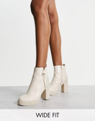 River Island Wide Fit side zip heeled boot in cream