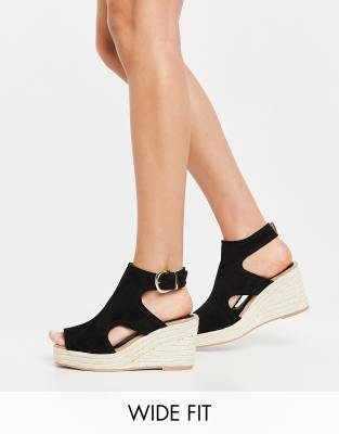 River Island Wide Fit square toe heeled espadrille sandals in black