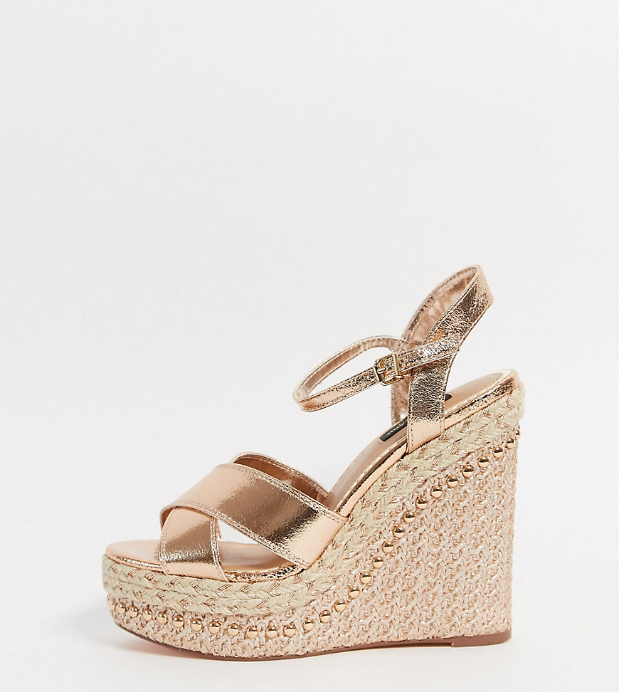River Island Wide Fit strappy heeled wedge sandals in gold