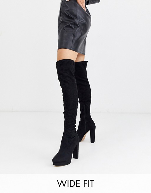 River Island Wide Fit stretch over the knee platform boots in black