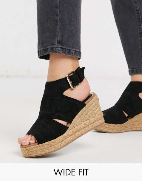 River Island - Wide Fit - Svarta espadriller med bred passform och kilklack