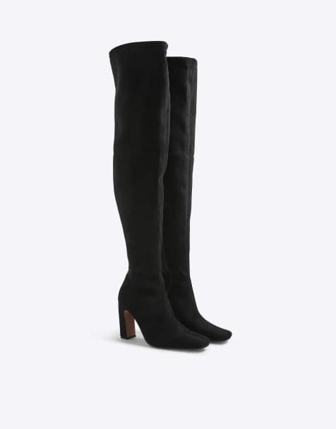 River Island Wide fit thigh high heeled boots in black - view 1