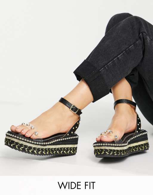 River Island Wide Fit Verzierte Espadrilles Sandalen mit flacher Plateausohle in Schwarz weite Passform