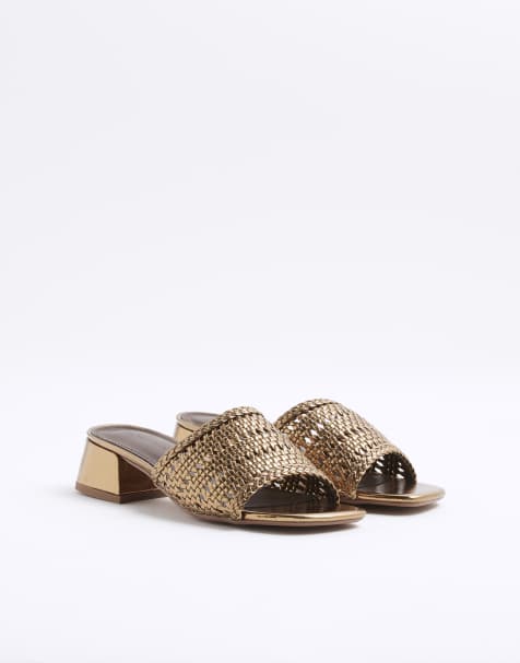 River Island Wide fit woven block heel mule sandals in bronze - view 1