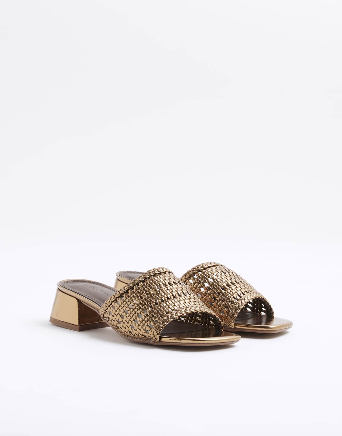River Island Wide fit woven block heel mule sandals in bronze