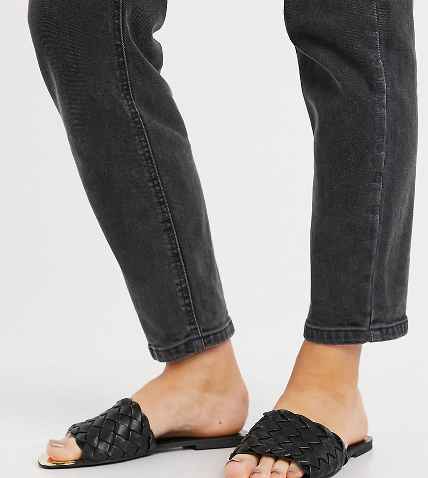 River Island Wide Fit woven faux leather sandal slides in black