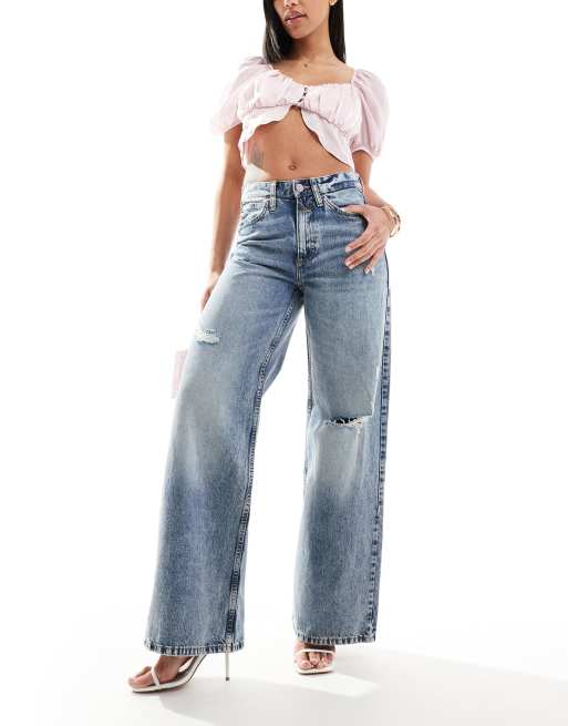 River Island wide leg baggy jeans in mid blue