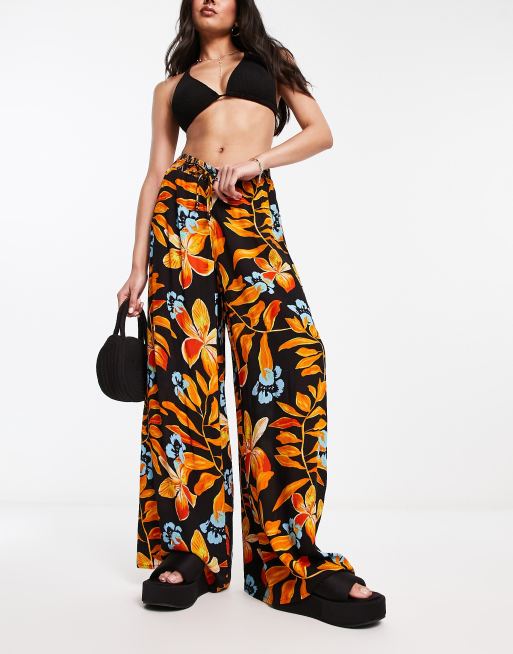 Tropical Print Wide Leg Pants, Casual Beach Wear Tie Waist Pants For Spring  & Summer, Women's Clothing