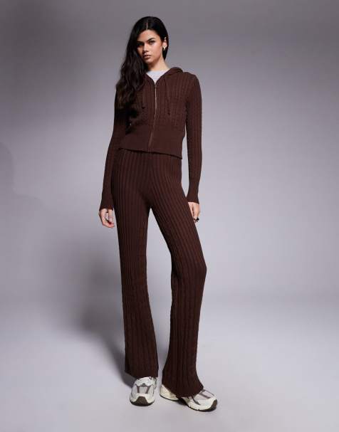 River Island wide leg cable knit set in dark brown - view 1