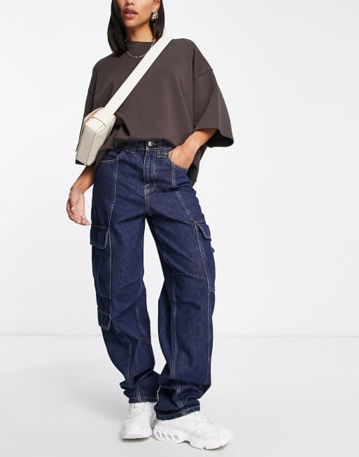 River Island wide leg cargo denim jean in dark blue